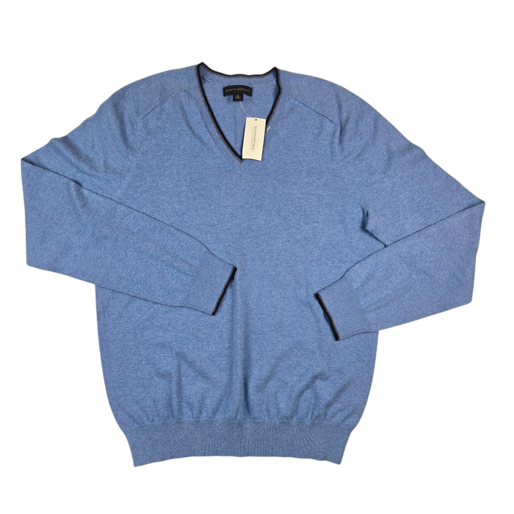 Banana Republic Tipped V-Neck Pullover Sweater Size Medium Blue Cotton